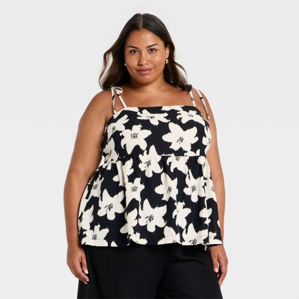 Women's Plus Tie Strap Babydoll Tank Top - Ava & Viv Black Floral 2X